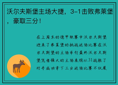 沃尔夫斯堡主场大捷，3-1击败弗莱堡，豪取三分！